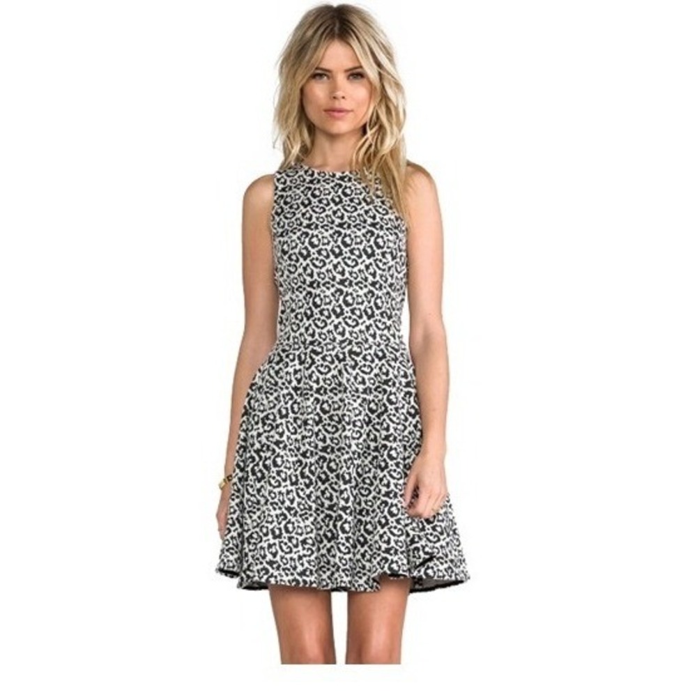 Tibi Leopard Jacquard Knit Dress M Black White Drop Waist Revolve Fit and Flare